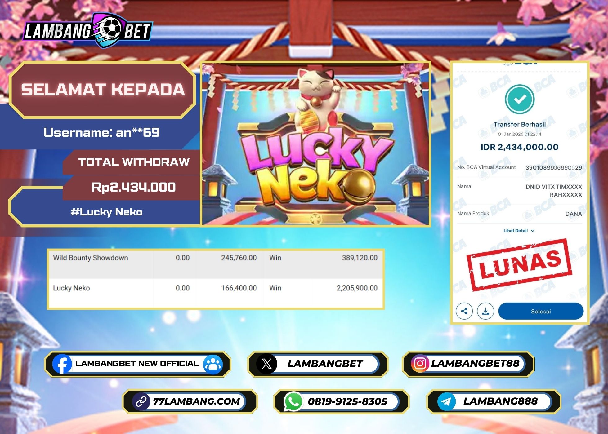 LAMBANGBET [1 JANUARI 2025] JACKPOT SLOT Lucky Neko "Rp2.434.000" LUNAS